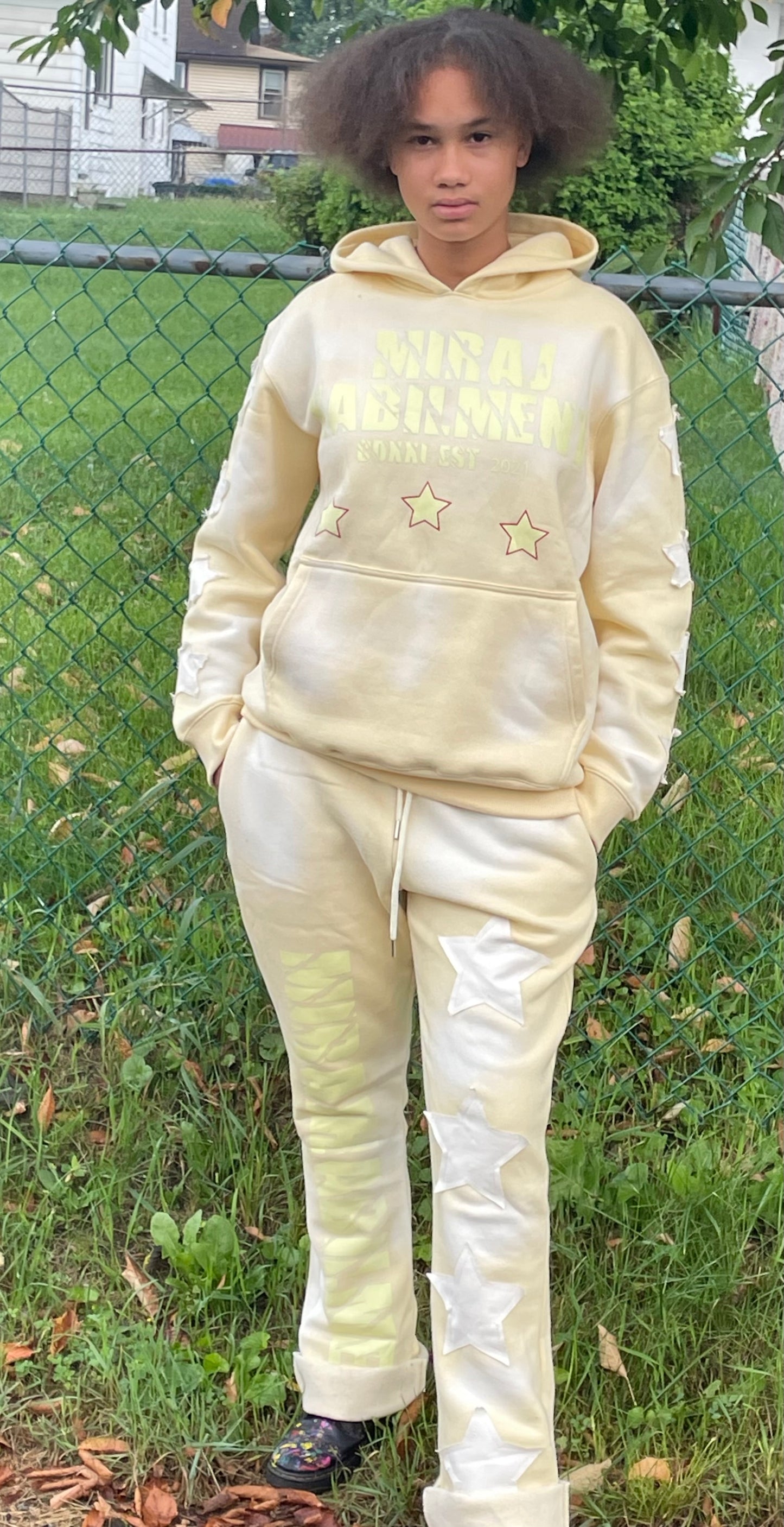 MIRAJ HABILIMENT CDXXI BEIGE LIMITED EDITION DISTRESS PATCH SWEATSUIT