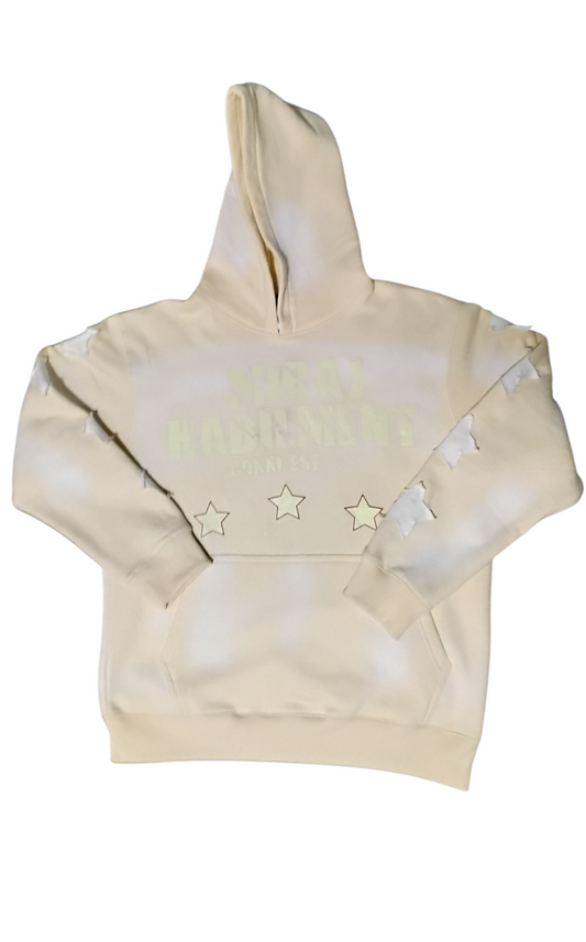 MIRAJ HABILIMENT CDXXI BEIGE DISTRESS PATCH HOODIE LIMITED EDITION