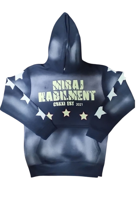 MIRAJ HABILIMENT CDXXI NAVY BLUE DISTRESS PATCH HOODIE LIMITED EDITION