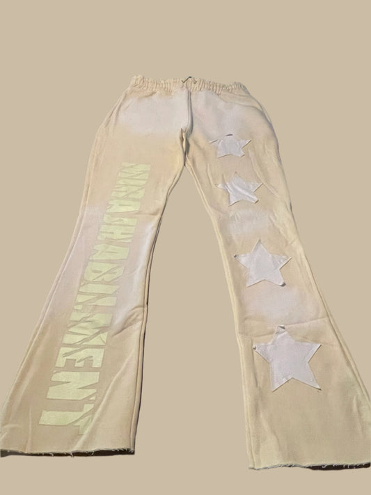 MIRAJ HABILIMENT CDXXI BEIGE DISTRESS PATCH SWEATPANTS LIMITED EDITION