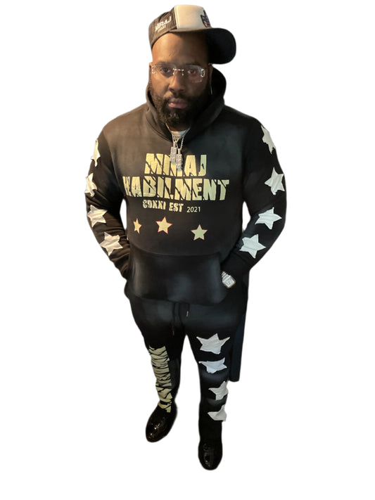 MIRAJ HABILIMENT CDXXI BLACK LIMITED EDITION DISTRESS PATCH SWEATSUIT